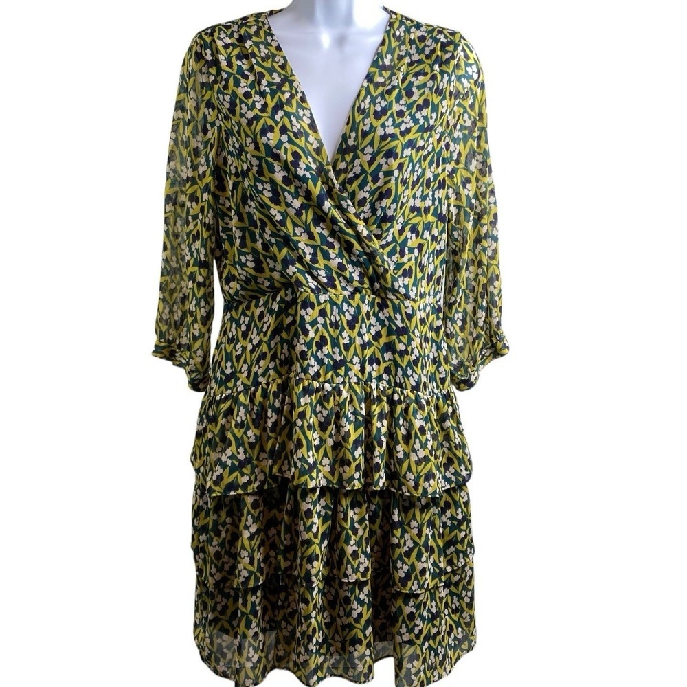 BANANA REPUBLIC Womens Green Floral Tiered Faux Wrap Mini Dress 6 Career Flowy
